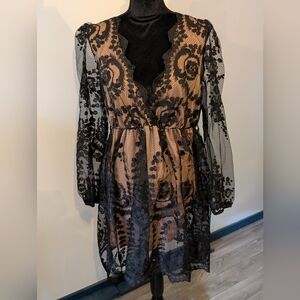 Boohoo Black and Tan Lace Plunge Dress